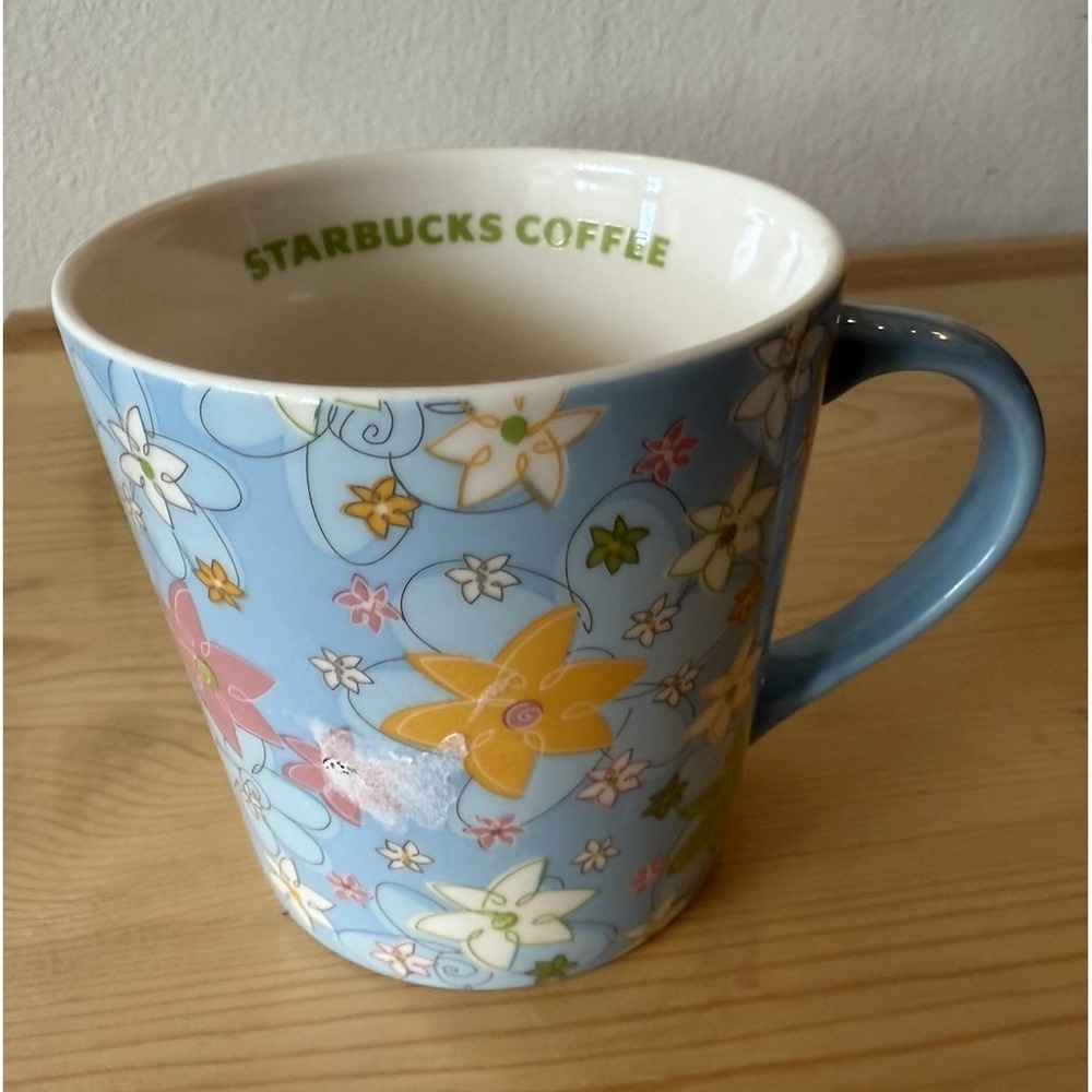Vintage 2005 Starbucks Icy Blue Spring Floral Coffee Mug Inside Starbucks Logo